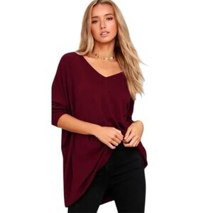 Lulus Versatile deep burgundy soft stretchy knit V-Neck oversized tunic Sweater